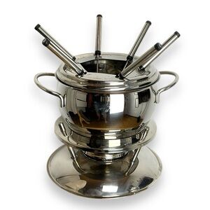 Vintage Fondue Pot Set Stainless Steel With‎ Forks Slotted Lid Retro 70s